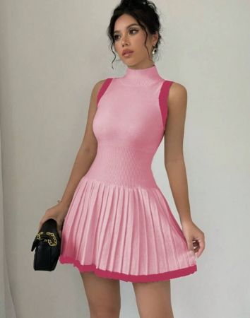 Elenzga فستان كنزة صوفية مجعّد بأكمام بلا أكمام متعدد الألوان للنساء