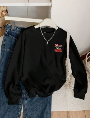 Attitoon بلوزة نسائية كاجوال سترة رياضية أكمام طويلة فضفاضة بطبعة مطرزة للكرز ياقة دائرية