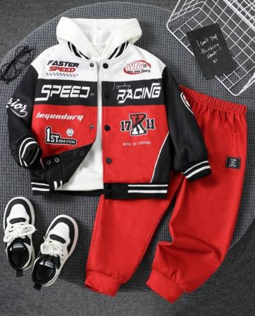 مجموعة بلوزة بومبر وبنطلون للصبية بنمط الشارع الكاجوال الأنيق، طباعة رياضة سباق مقاس كبير ،قطعتين، مريح للارتداء لأغراض التنقل والمدرسة والتجمعات، مناسب لفصلي الخريف والشتاء (بدون هودي)