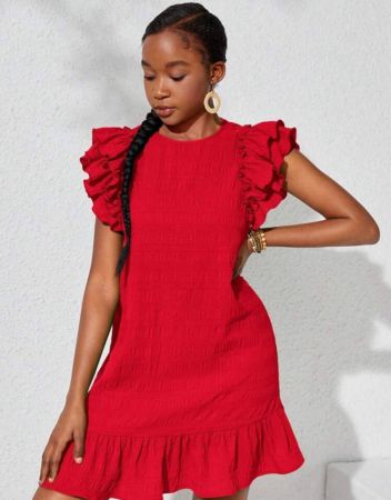 SHEIN فستان للمراهقات بأكمام منفوخة مطرز ذو طبقتين قماش وبلون أحادي, لياقة كاجوال