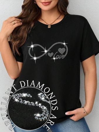 SHEIN LUNE ملابس علوية تي شيرت كاجوال حجم كبير للنساء مع طبعة قلب لا نهائي وماس ساخن بطبعة دائرية، تي شيرت كاسوال مطبوع للصيف