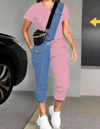 Chiquease مجموعة قمصان وبنطلونات نسائية طويلة بري يد طويله ذات ألوان متباينة ورقبة دائرية قصيرة للاستخدام اليومي ، 2 قطعة