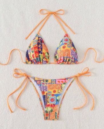 Swim Mod مجموعة بيكيني مربوطة عند الرقبة للنساء مطبوعة بفاكهة للشاطئ الصيفية للعطلة