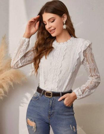 Simplee بلوزة نسائية ذات رقبة دائرية مناسبة، أكمام مفرغة من الدانتيل، مناسبة للعودة إلى المدرسة والخروجات الأنيقة، للربيع/الخريف