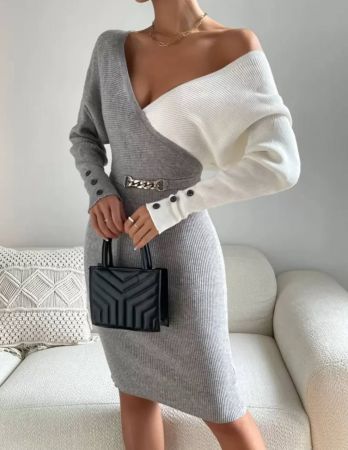 Chiquease فستان صوفي لونين كفة محبوك مضلع بقص خلفي