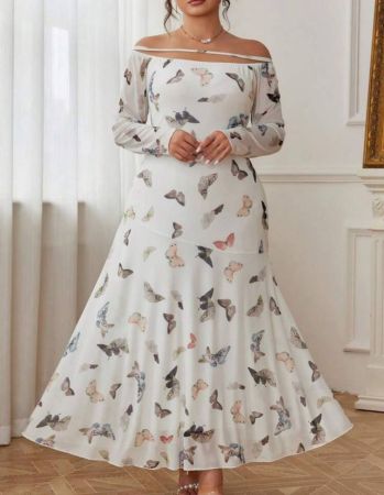 Modelyn فستان نسائي طويل الأكمام بأكتاف مكشوفة بتصميم شبكي الفراشة، طري وأنيق، صيفي