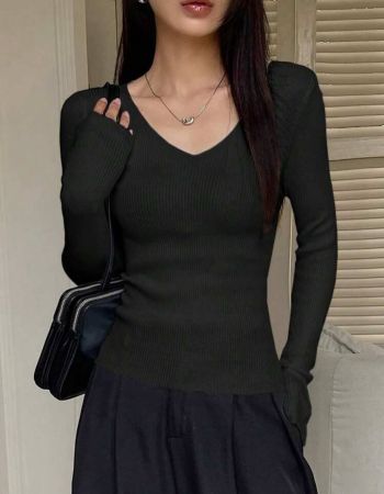 DAZY كنزة صوفية كاجوال طويلة الأكمام بياقة على شكل حرف V مناسبة للخريف والشتاء