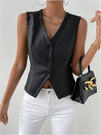 E بليزر صدرية موحدة اللون أزرار أمامية