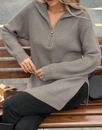 SHEIN Frenchy كنزة صوفية صوفية ذات سحاب نصفي مرتب بالرباط وذات كتف منخفض ومقسومة الهم، بأكمام طويلة