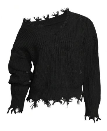 كنزة صوفية بلون أساسي بأكمام طويلة بحواف متدلية بسيطة للنساء ذوات الأحجام الكبيرة، للاستخدام في الشتاء