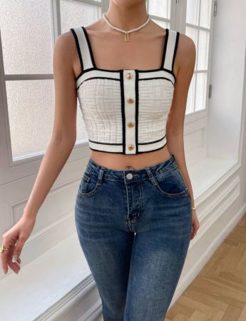 Firerie لباس علوي محبوك قصير مقلم متباين تفاصيل ازرار