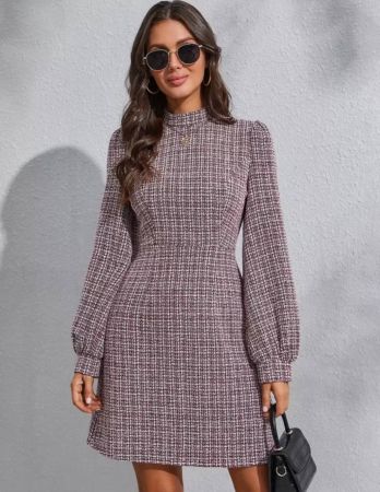 Gloray فستان من التويد مربع النقش باكمام فانوس