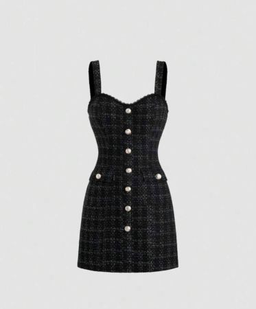 Sweetra فستان قصير للنساء من النسيج الخشن بطبعة المربعات مع رباط أمامي