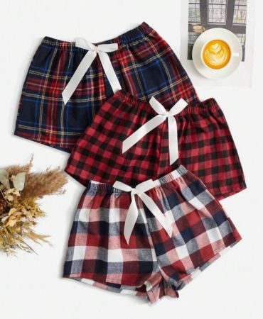 3قطع شورتات نوم بربطة أمامية بنمط المربعات والقماش المخطط