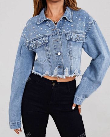 جاكيت كاجوال للنساء مزينة بخرز مصطنع وحافة مبهترة، مناسبة للربيع والخريف