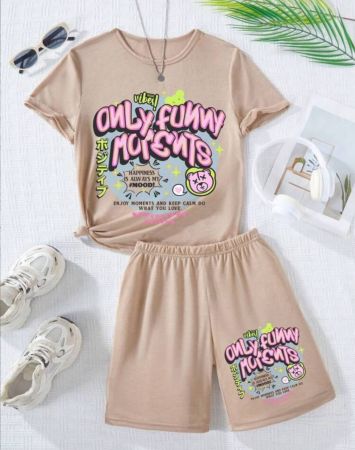 تي شيرت تي شيرت وسروال قصير بأكمام قصيرة بناتي مزين بشعار كرتوني للفتيات في مرحلة المراهقة مجموعة 2 قطعة لفصل الصيف