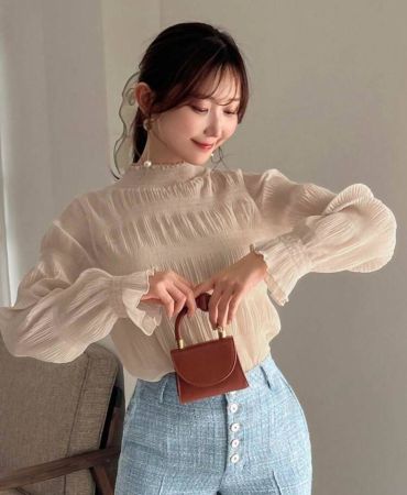 FRIFUL قميص نسائي بياقة عالية وأكمام لوتس، أكمام طويلة، كشكشة، ملابس خريفية، بياقة عالية للنساء