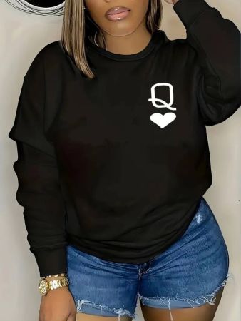 سترة رياضية بطباعة ملكة القلوب بمقاس كبير للنساء، ياقة دائرية عارضة، نسيج محبوك، بوليستر، مطاط، أزياء الخريف/الشتاء