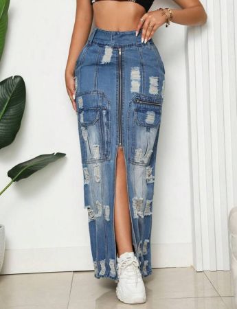 SHEIN SXY تنورة جينز نسائية بسحاب للارتداء اليومي البسيط