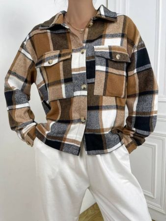 SHEIN MOOSTA معطف منخفض الأكتاف بجيب رفرف مربع النقش