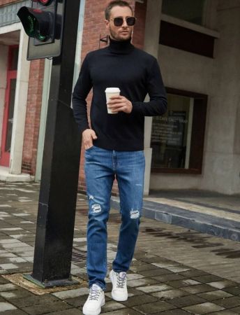 Manfinity Homme الرجال الصلبة الياقة المدورة كنزة صوفية عالية الرقبة طويلة الأكمام البلوز عادي أسود الأساسية كنزة صوفية للزوج