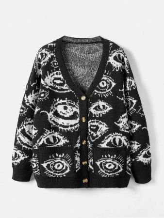 كارديجان ROMWE Grunge Punk Plus بنقشة عين وكتف منسدلة، مدرسي