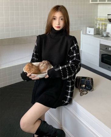 فستان نسائي فضفاض جديد لخريف وشتاء مقاس كبير، يغطي البطن، محبوك قصير، مكون من قطعتين، مكشوف الكتفين، على الطراز الكوري