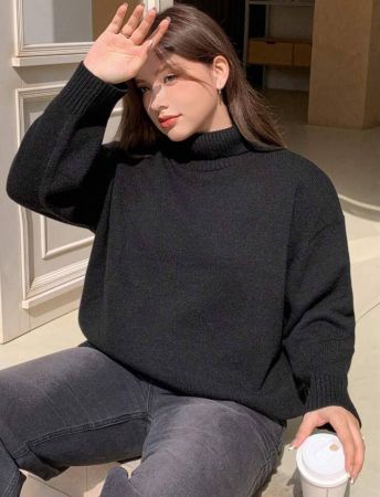 Dazy Petite Plus ملابس علوية سوداء بياقة عالية كم طويل بتصميم بسيط، للارتداء اليومي الكاجوال، مناسبة للشتاء والخريف، ملابس نسائية، كنزة صوفية نسائية