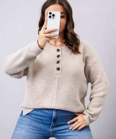 Flirla كنزة منسوجة نصف أزرار، أكمام متساقطة، للشتاء