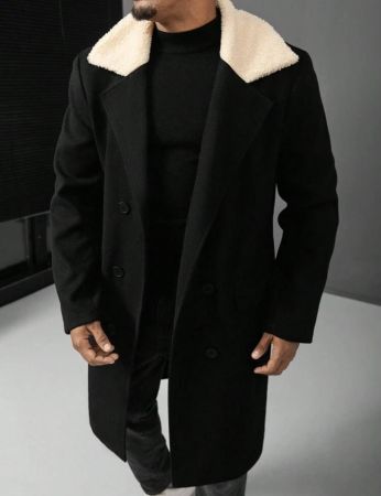 Manfinity Homme معطف كاجوال أسود طويل الأكمام للرجال الكبار الحجم بتصميم رقع أمامي بأزرار، ملابس للخروج الكاجوال، هدايا للأصدقاء والأزواج والأحباء يا