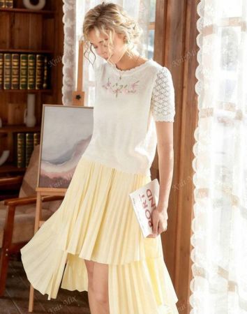 Knit Mix ملابس علوية تي شيرت مُطرز بأسلوب فرنسي مُحبوك للنساء، كم قصير بتصميم عادي، قطعة صيفية كاجوال متواضعة وعصرية، ملابس نسائية للعودة إلى المدرسة في الخريف