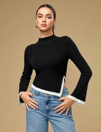 SHEIN PETITE كنزة صوفية نسائية محبوكة بياقة عالية وحافة مائلة عصرية