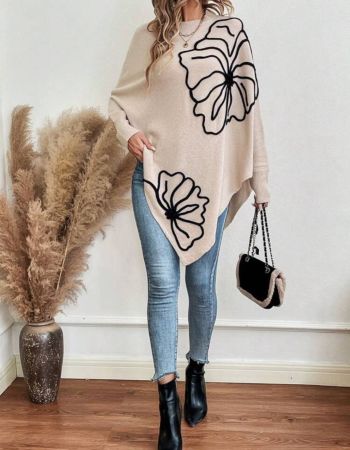 EMERY ROSE كنزة صوفية بياقة مستديرة وأكمام خفافيش وذيل غير متماثل بطبعات زهرية، بلوزة طويلة الأكمام