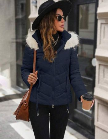 SHEIN LUNE معطف شتوي مبطن مزين مفروش بالزغب بسحاب أمامي مع قلنسوة مبطنة