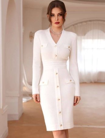 Modelyn فستان صوفي بتفاصيل رفرف أزرار من أعلى إلى أسفل ملابس العمل