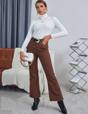 INAWLY كنزة صوفية ذات رقبة عالية بتصميم ضلعي محبوكة, ملابس علوية كم طويل