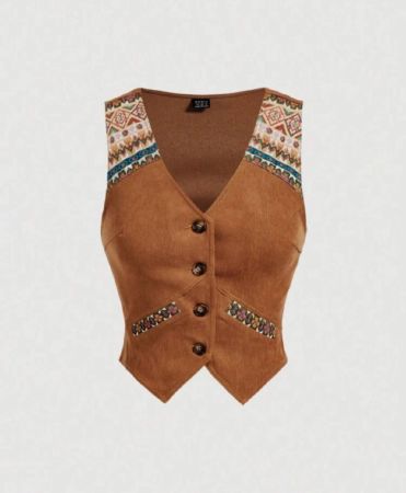 SHEIN MOD ملابس علوية نسائي بدون أكمام ذو نمط باتشوورك عتيق ورسومات أنيقة بأسلوب الأموال القديمة، ملابس مدرسية، ملابس السبعينيات، ملابس الإفطار، ملابس الشتاء، ملابس علوية قطنية، ملابس خريفية، ملابس غربية، ملابس نادي النساء