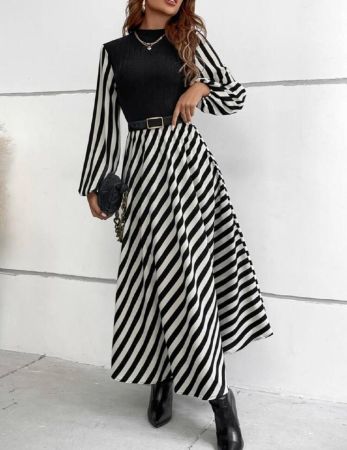 Chiquease فستان كبير بأكمام فانوس وياقة مستقيمة بدون حزام للسيدات