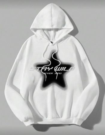 SHEIN EZwear بلوزة هودي مقاس كبير للنساء بسحاب وأكمام طويلة ذات نمط نجمي بسيط عادي، خريف/شتاء