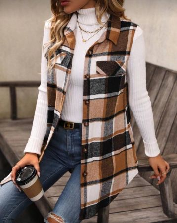 SHEIN Clasi معطف طباعة مربع النقش بتفاصيل رفرف بدون أكمام