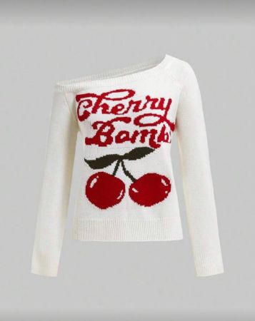 ROMWE Kawaii كنزة صوفية بياقة غير متماثلة بطباعة الكرز والحرف، مدرسة