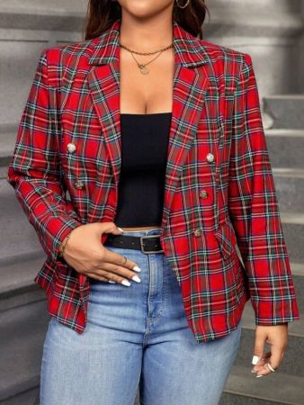 E معطف كاجوال أمامي بأزرار بطول الأكمام مربعات المطبوعة بني سماوي، ملابس سيدات لعيد الشكر ، ملابس سيدات لعيد الميلاد، إطلالة عيد الميلاد، إطلالة رأس السنة الجديدة، أزياء للمناسبات لملابس فصل الخريف للسيدات بمقاسات كبيرة