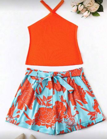 Breezaya قمة طويلة الحجم مع بدلة سروال مطبوع بحزام 2قطعة/طقم