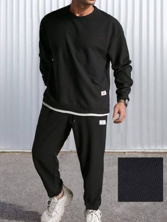 طقم كاجوال من مانفينيتي هوم للرجال، سويت شيرت برقبة دائرية وأكمام طويلة وبنطال رياضي برباط، بنقشة الوافل