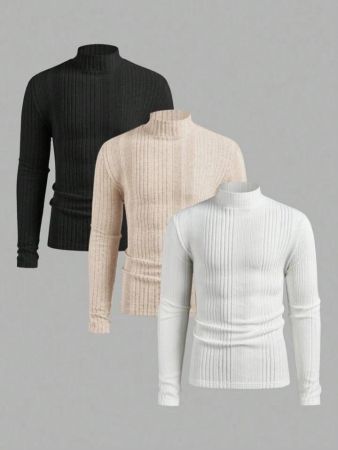 تي شيرت رجالي كاجوال بأكمام طويلة ورقبة دائرية من Manfinity VCAY، مكون من 3 قطع، مناسب للخريف