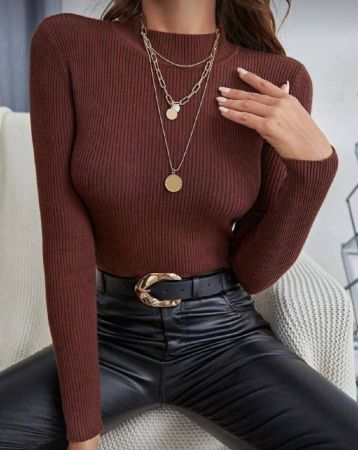 INAWLY كنزة صوفية محبوكة بياقة عالية بأكمام طويلة