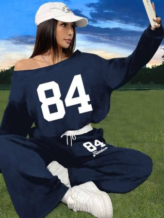 طقم نسائي من قطعتين من INAWLY، بلوزة وبنطلون بأكمام طويلة، مطبوع عليه أرقام وياقة غير متماثلة، مناسب للربيع والخريف