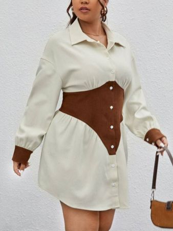 فستان قميص ألوان متباينة منخفض الاكتاف مقاس كبير