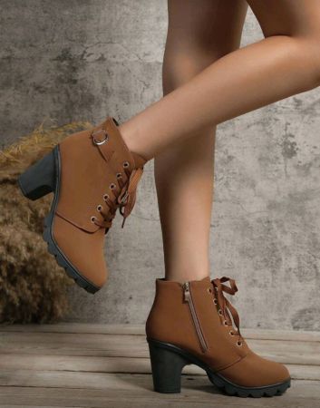 حذاء نسائي أنيق مزين بأحجار الراين، برباط أمامي، سحاب جانبي وكعب سميك