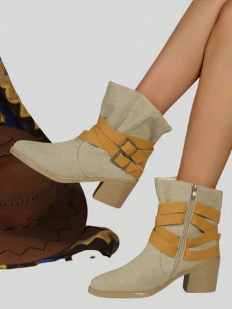 حذاء نسائي من روموي فيري كور، حذاء بكعب سميك، مقدمة مدببة، قماش، تصميم رائج، بني مصفر، وصل حديثًا في الربيع/الخريف